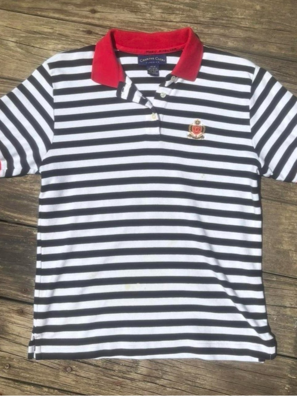 Charter Club Black & White Striped Polo with Red Collar